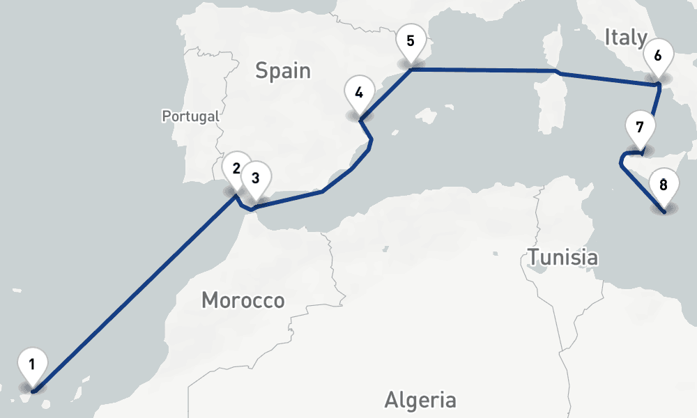 12 nights / 13 days, one-way from Santa Cruz de Tenerife (Canary Islands) to Valletta