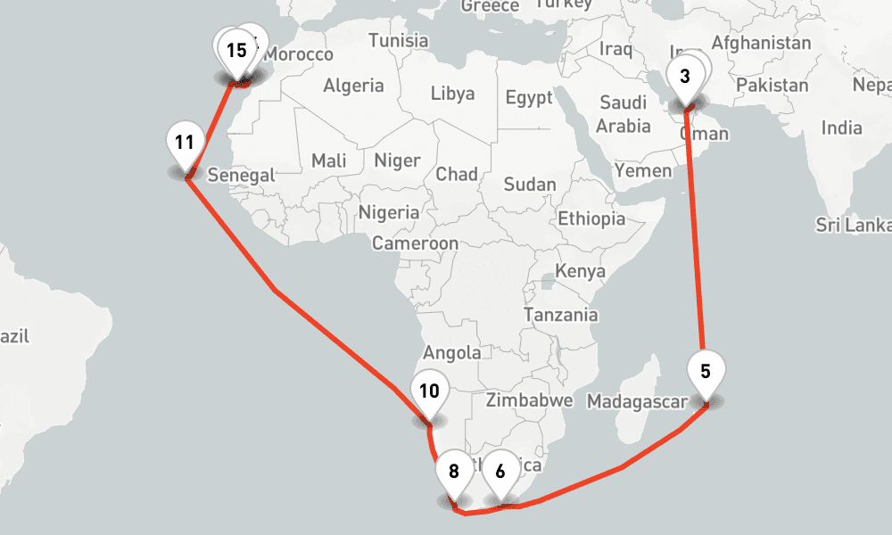 36 nights / 37 days, one-way from Dubai (Port Rashid, UAE) to Las Palmas (Gran Canaria, Canary Islands)