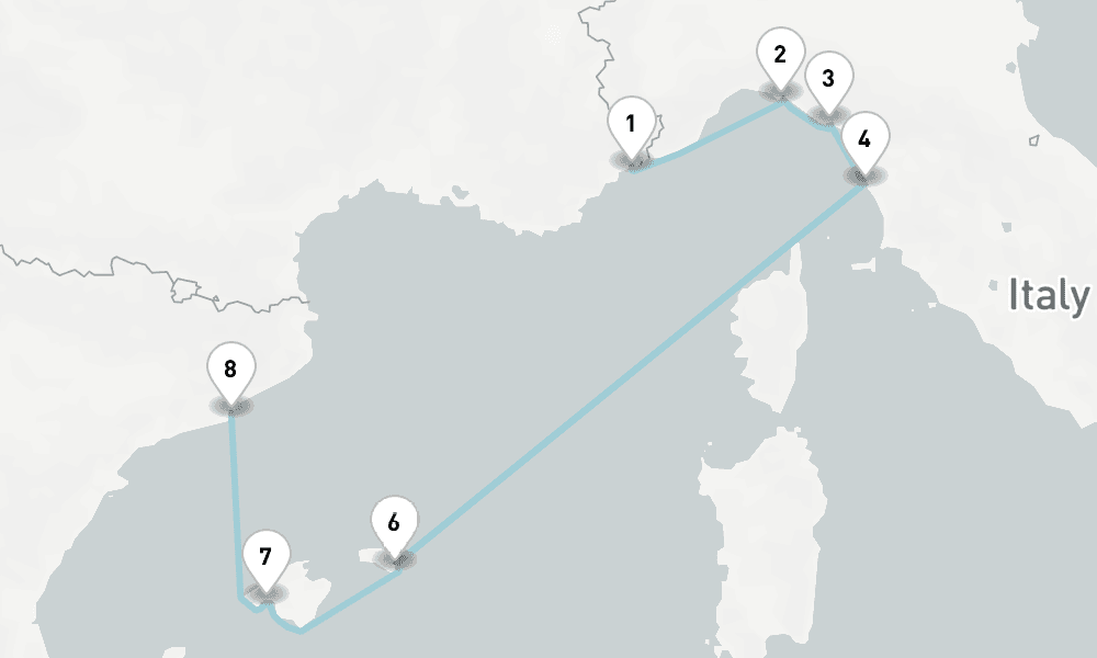 8 nights / 9 days, one-way from Villefranche-sur-Mer (Nice, France Riviera) to Barcelona