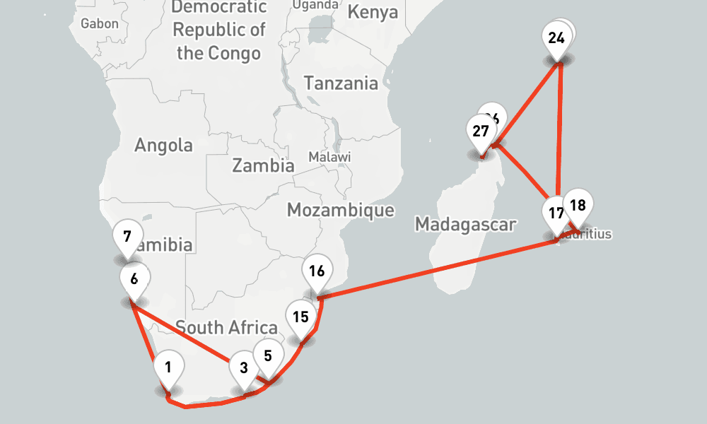 42 nights / 43 days, one-way from Cape Town to Port Louis (Mauritius Island)