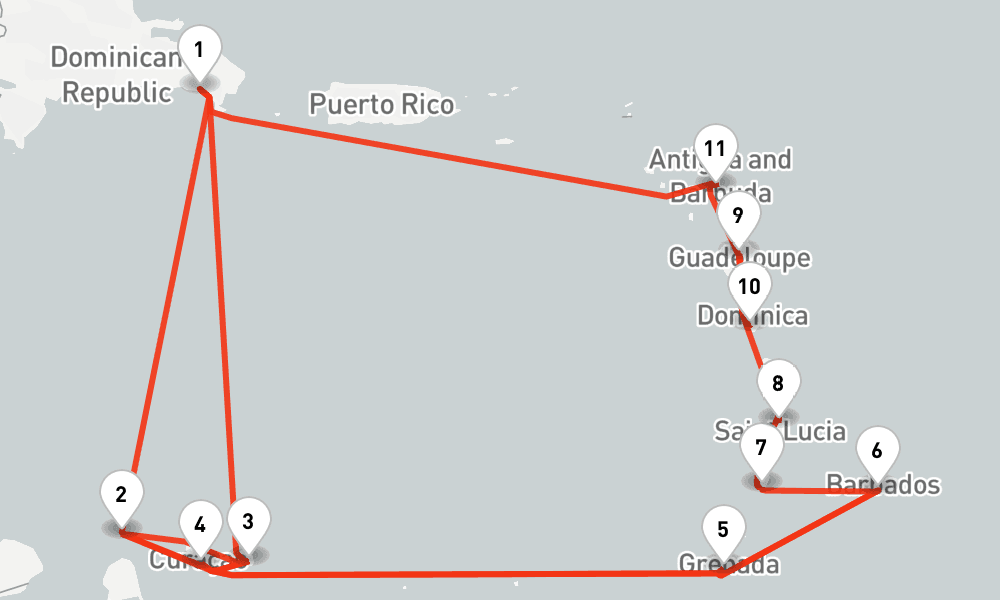 21 nights / 22 days, one-way from La Romana (Dominican Republic) to Bridgetown (Barbados)