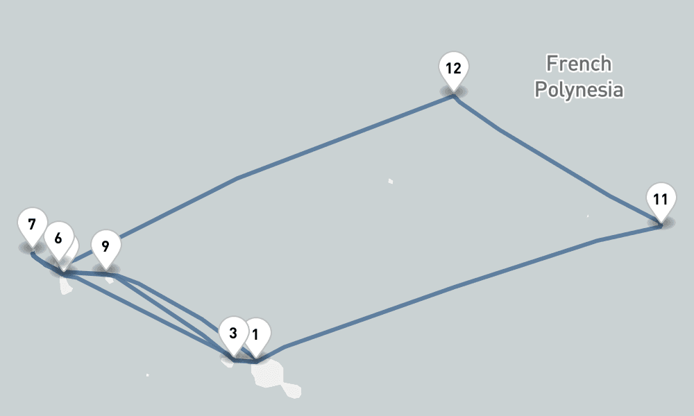 18 nights / 19 days, Papeete (Tahiti Island, French Polynesia) Round trip