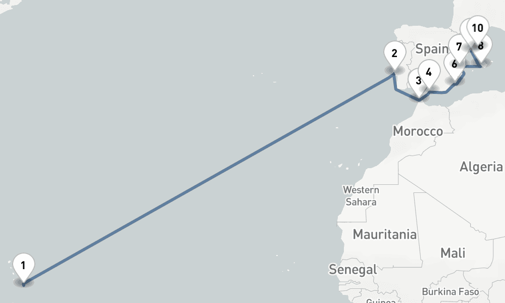 25 nights / 26 days, one-way from Bridgetown (Barbados) to Barcelona