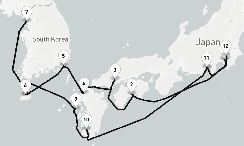 14 nights / 15 days, one-way from Yokohama (Tokyo, Japan) to Tokyo