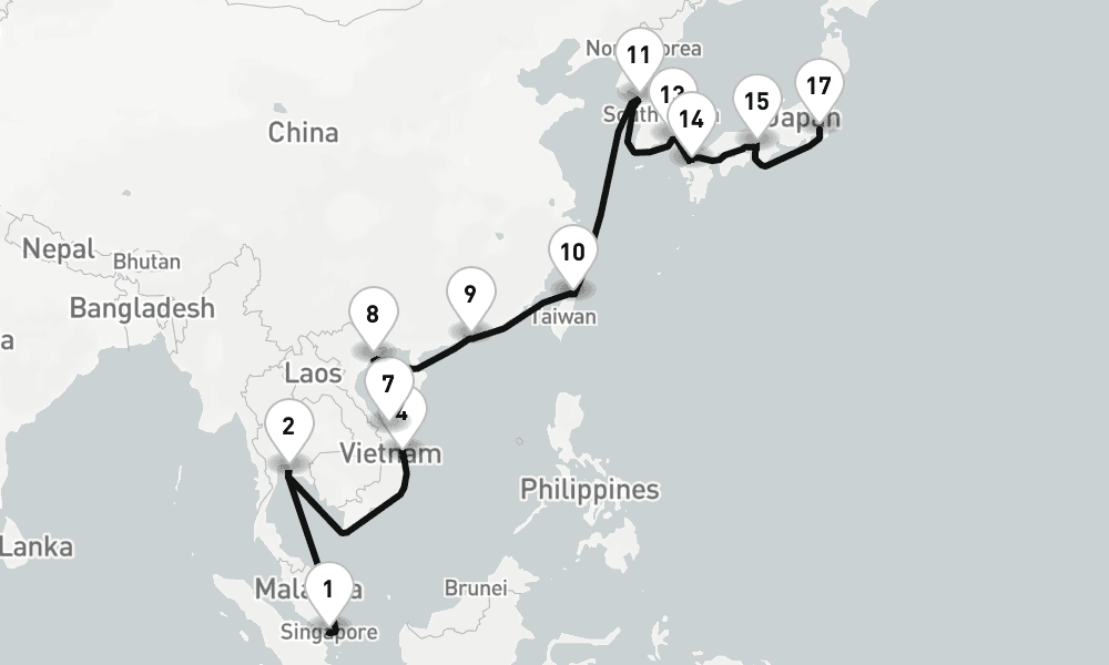 28 nights / 29 days, one-way from Singapore to Tokyo