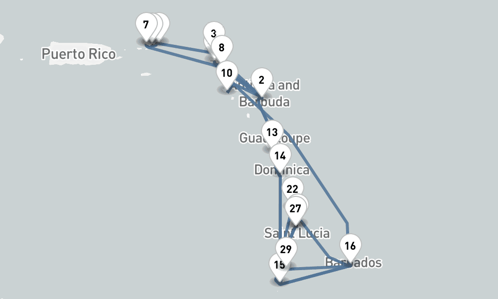 28 nights / 29 days, one-way from Philipsburg (St Maarten Island, Dutch Antilles) to Bridgetown (Barbados)