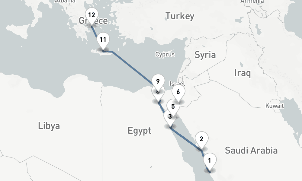 12 nights / 13 days, one-way from Jeddah to Piraeus (Athens, Greece)