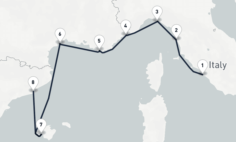 7 days, one-way from Civitavecchia-Rome to Barcelona 8日間