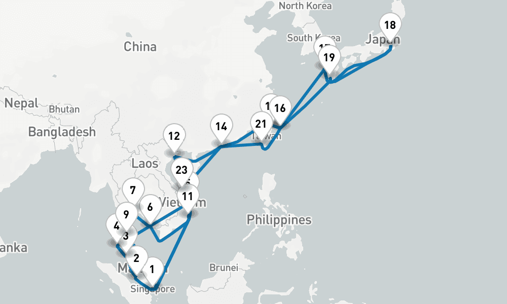 42 days, round-trip Japan Southeast Asia Grand Adventure 43日間