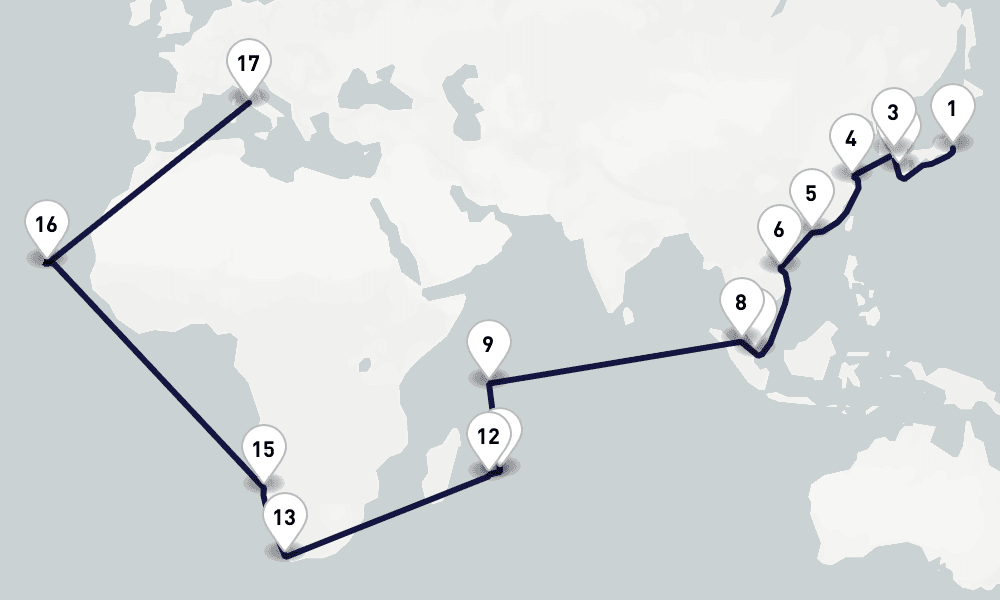 51 days, one-way from Tokyo to Civitavecchia-Rome 52日間