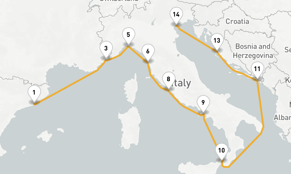 15 days, one-way from Barcelona to Venice 16日間
