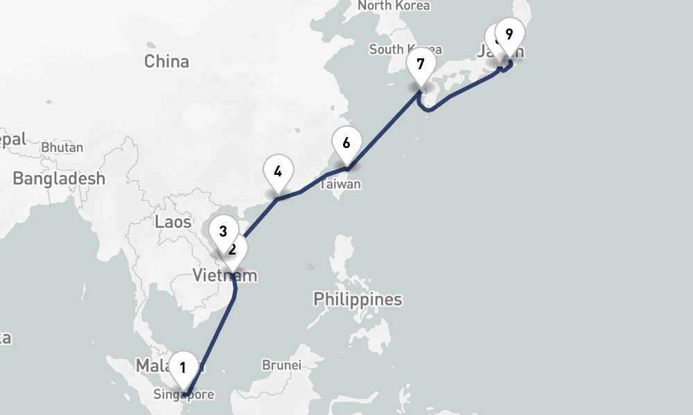 15 days, one-way from Singapore to Yokohama 16日間
