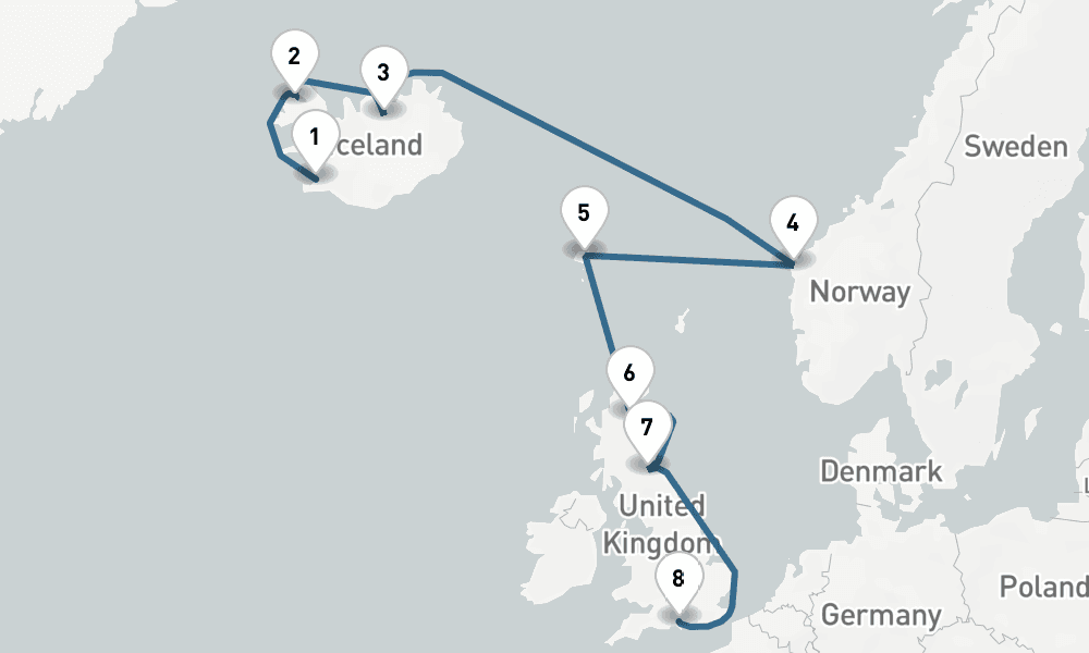 10 days, one-way from Reykjavik to Southampton 11日間