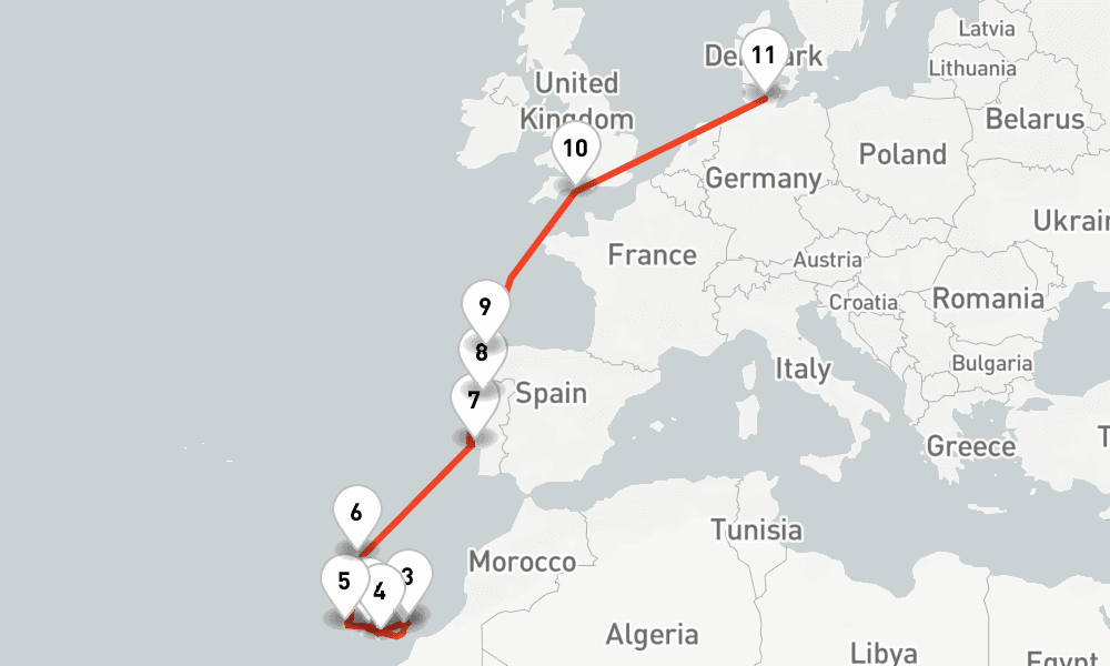 14 days, one-way from Santa Cruz de Tenerife to Kiel 15日間