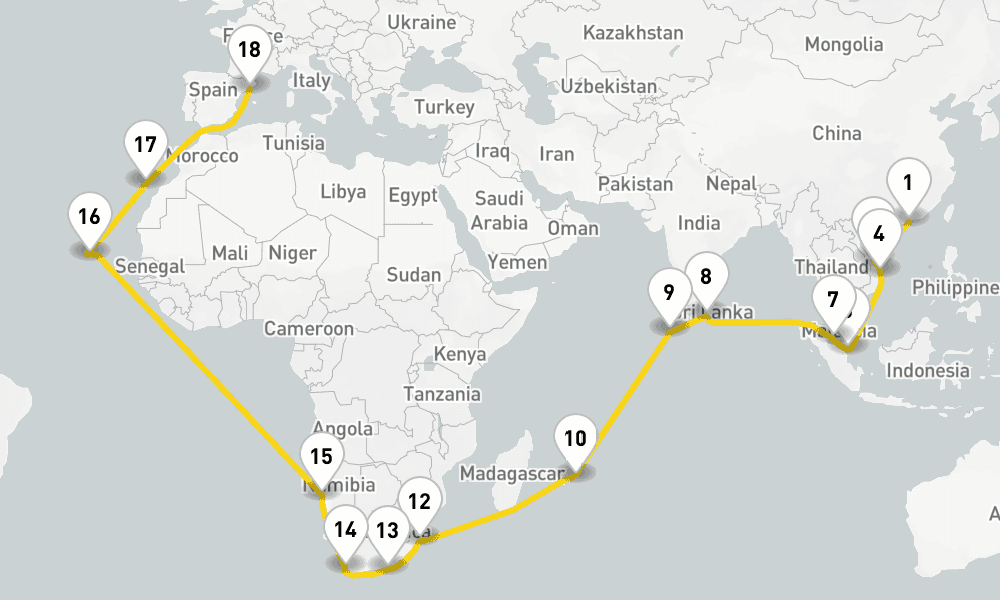 46 days, one-way from Hong Kong to Barcelona 47日間