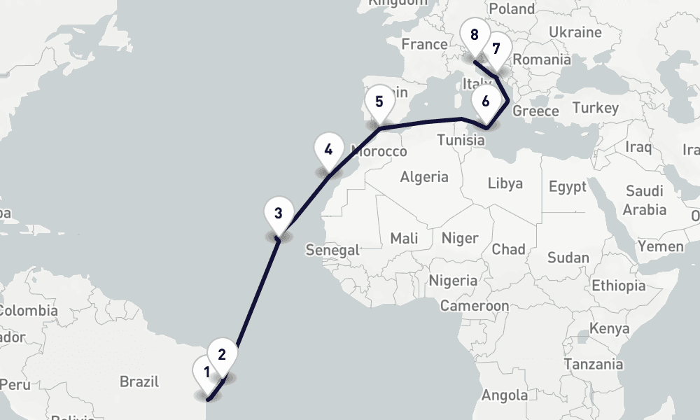 17 days, one-way from Salvador de Bahia to Venice 18日間