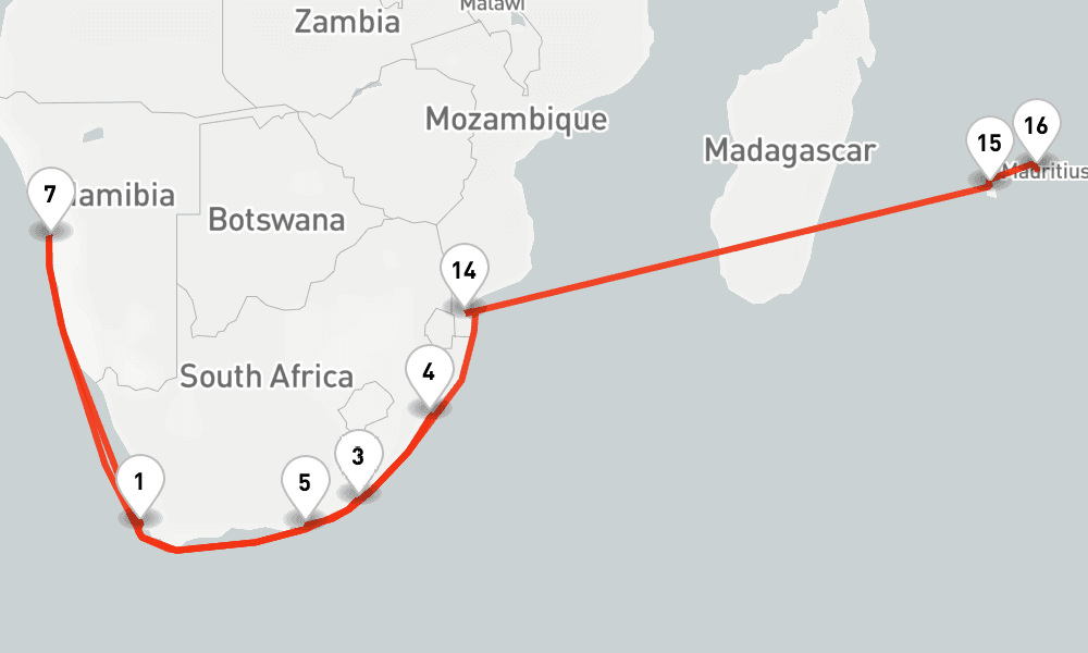 28 days, one-way from Cape Town to Port Louis 29日間