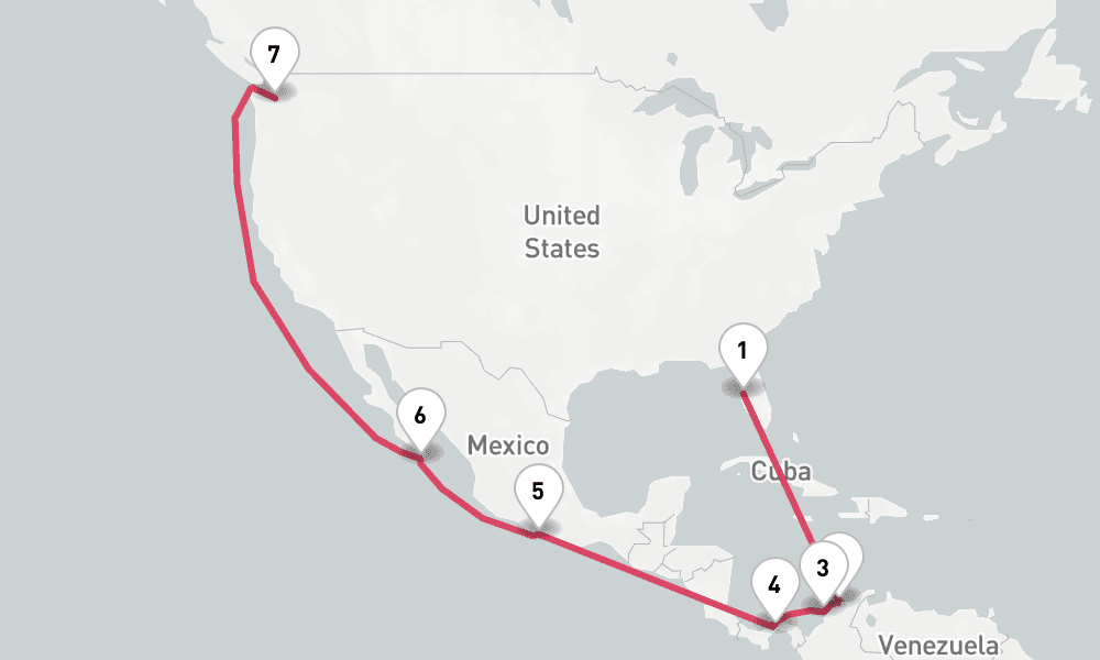 16 days, one-way from Tampa to Seattle 17日間