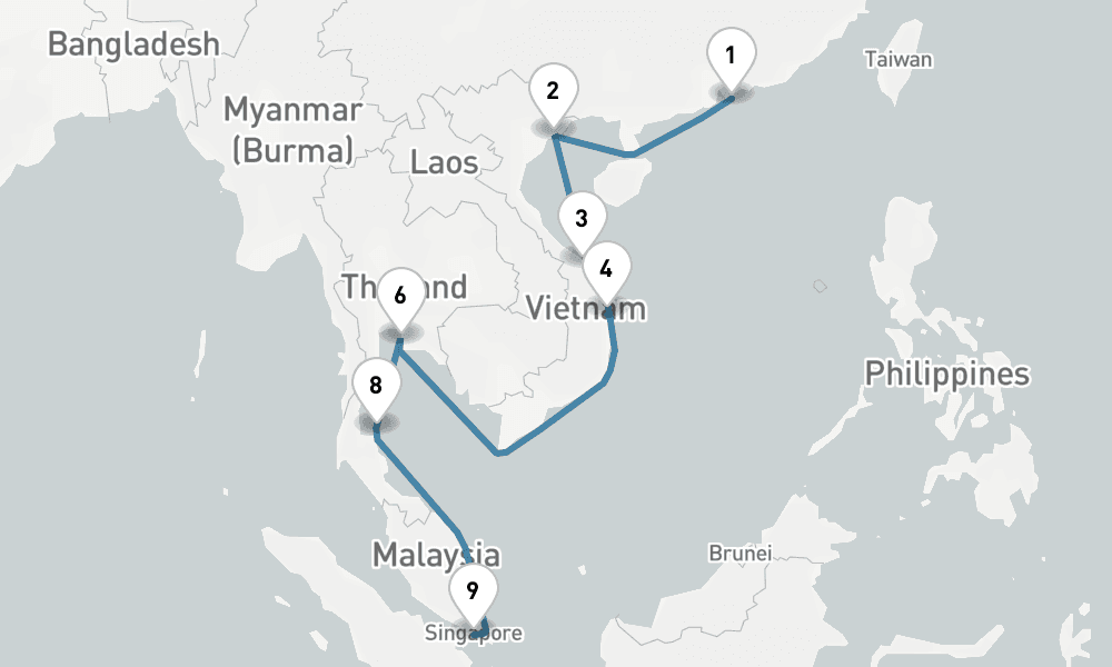 14 days, one-way from Hong Kong to Singapore 15日間