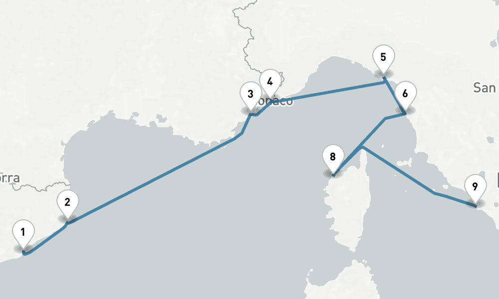 9 days, one-way from Barcelona to Civitavecchia-Rome 10日間