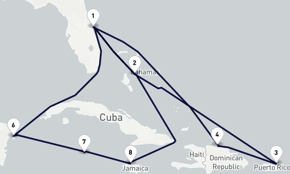 14 days, round-trip Caribbean Bahamas 15日間