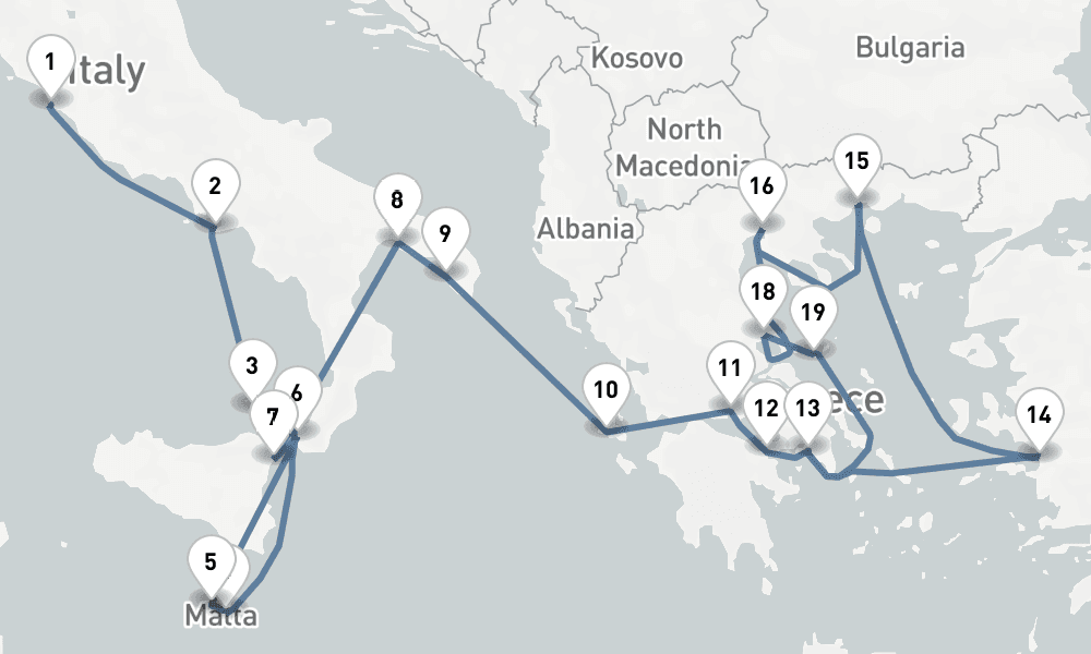 19 days, one-way from Civitavecchia-Rome to Piraeus-Athens 20日間