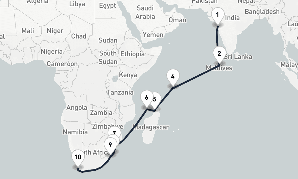 20 days, one-way from Mumbai to Cape Town 21日間