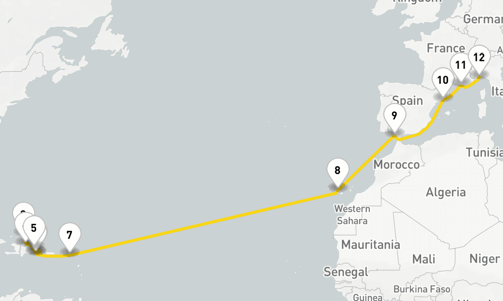 22 days, one-way from La Romana to Savona 23日間