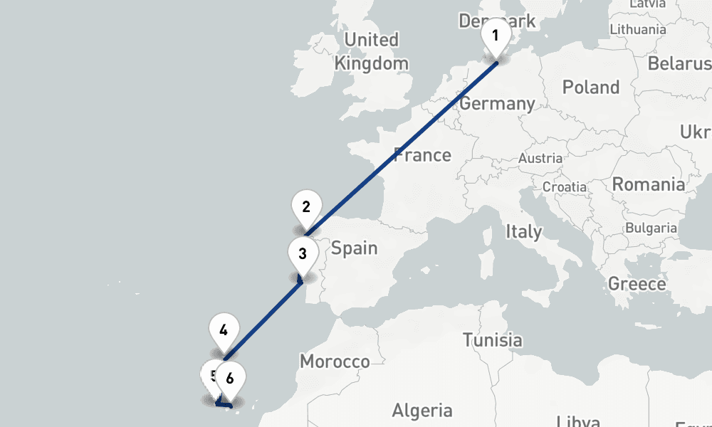 9 days, one-way from Hamburg to Santa Cruz de Tenerife 10日間