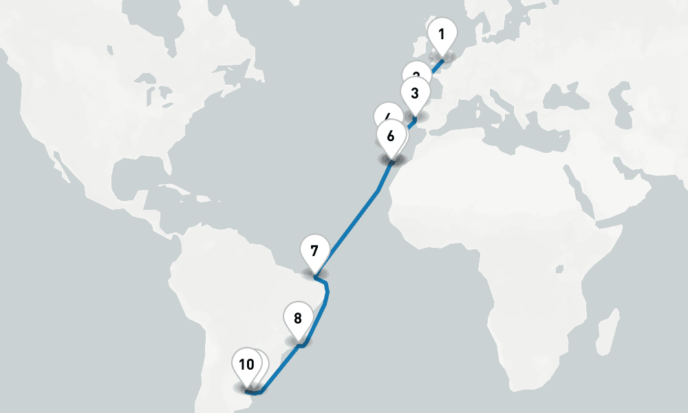 22 days, one-way from Southampton to Buenos Aires 23日間