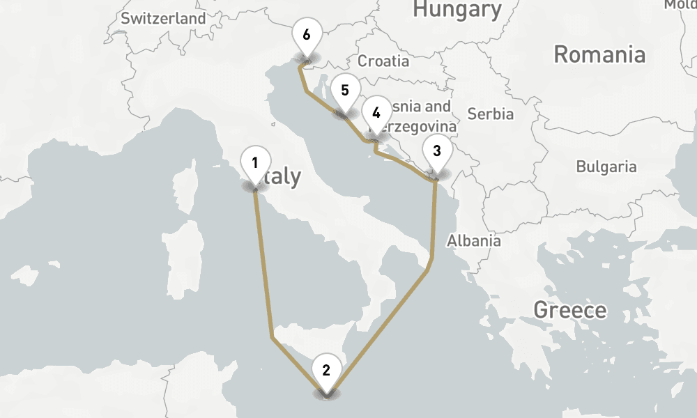 7 days, one-way from Civitavecchia-Rome to Trieste 8日間