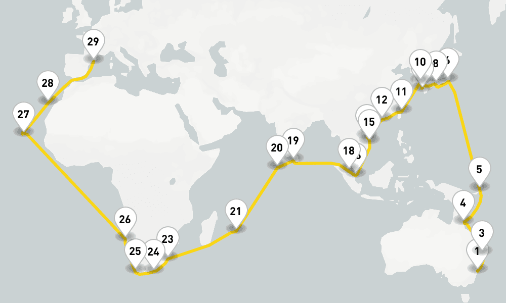 72 days, one-way from Sydney to Barcelona 73日間