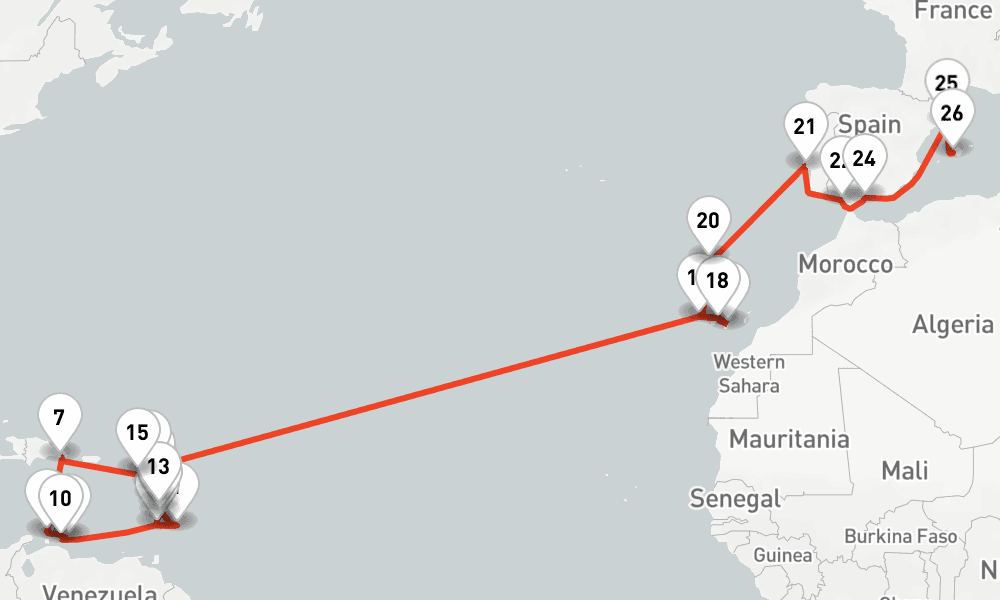 37 days, one-way from Bridgetown to Palma de Mallorca 38日間