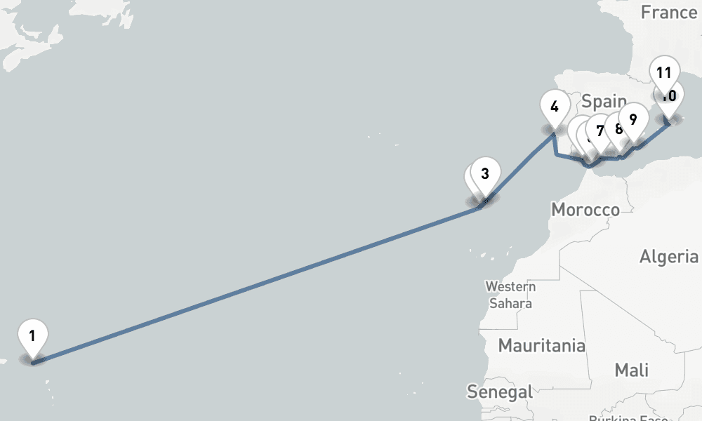23 days, one-way from Philipsburg St Maarten to Barcelona 24日間