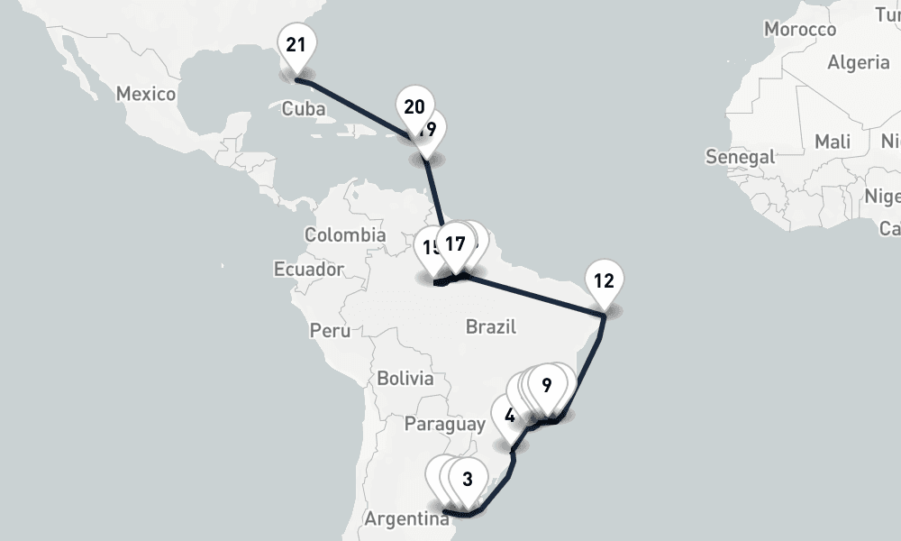 31 days, one-way from Buenos Aires to Miami 32日間