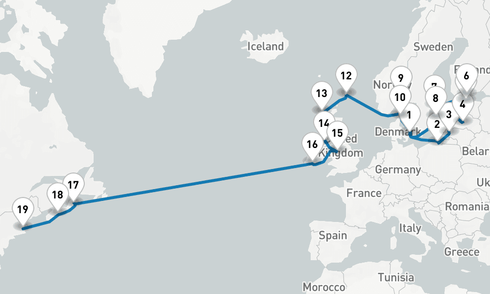 27 days, one-way from Copenhagen to Boston 28日間