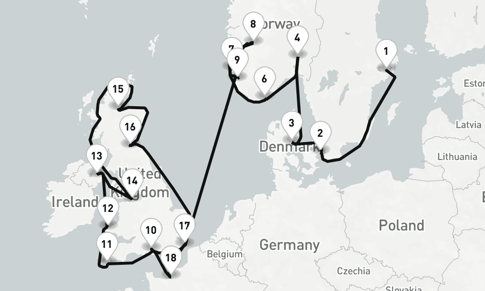 23 days, one-way from Stockholm to Southampton 24日間