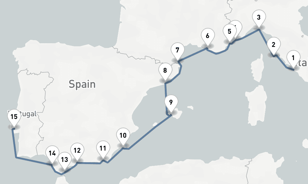 15 days, one-way from Civitavecchia-Rome to Lisbon 16日間