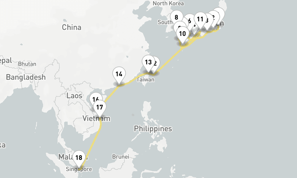26 days, one-way from Tokyo to Singapore 27日間