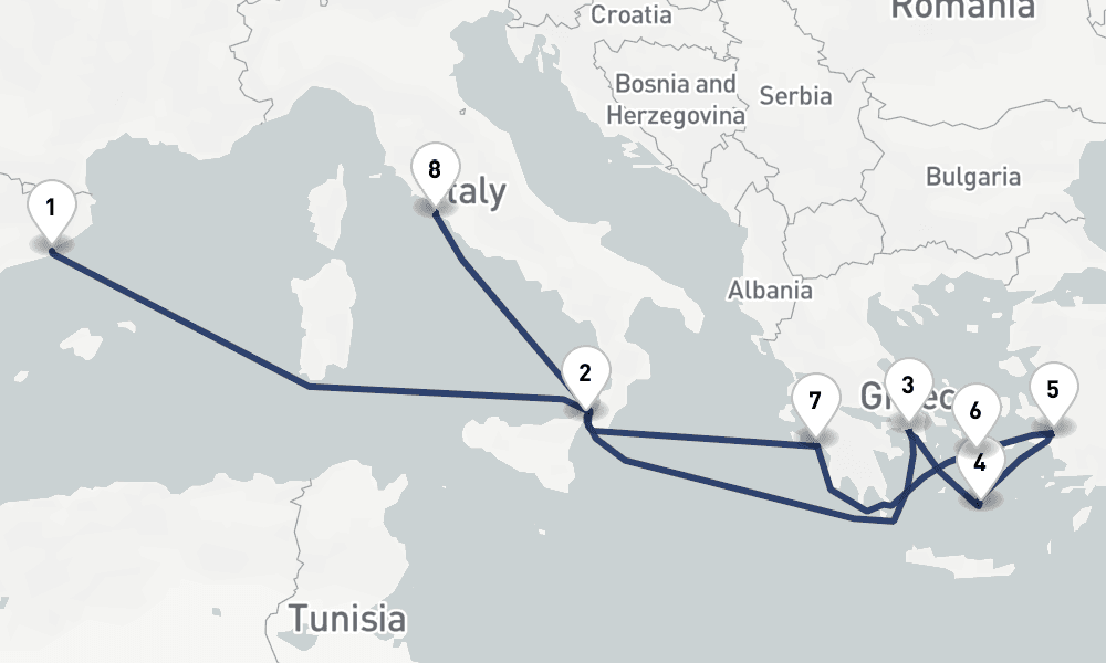 10 days, one-way from Barcelona to Civitavecchia-Rome 11日間