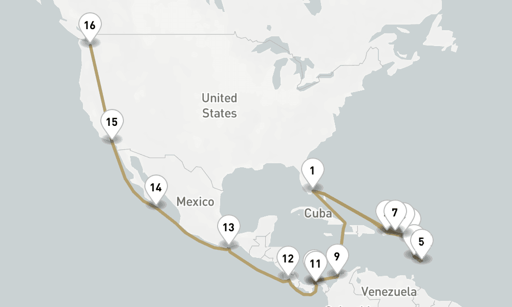 32 days, one-way from Miami to Seattle 33日間