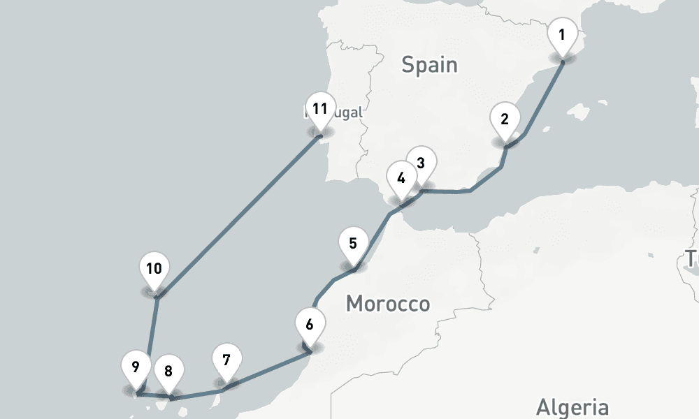 12 days, one-way from Barcelona to Lisbon 13日間