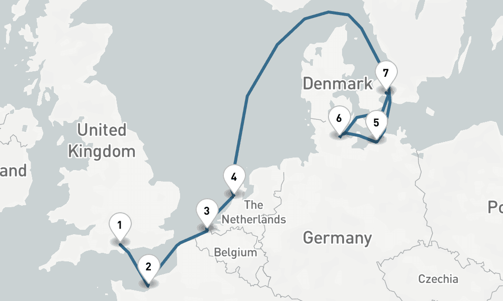 7 days, one-way from Southampton to Copenhagen 8日間