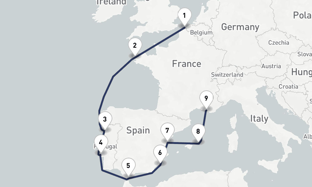 11 days, one-way from Dunkirk to Marseille 12日間