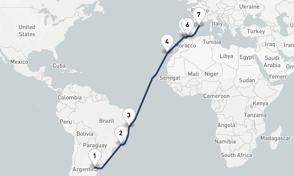 17 days, one-way from Buenos Aires to Barcelona 18日間