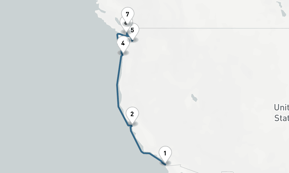 8 days, one-way from San Diego to Vancouver 9日間