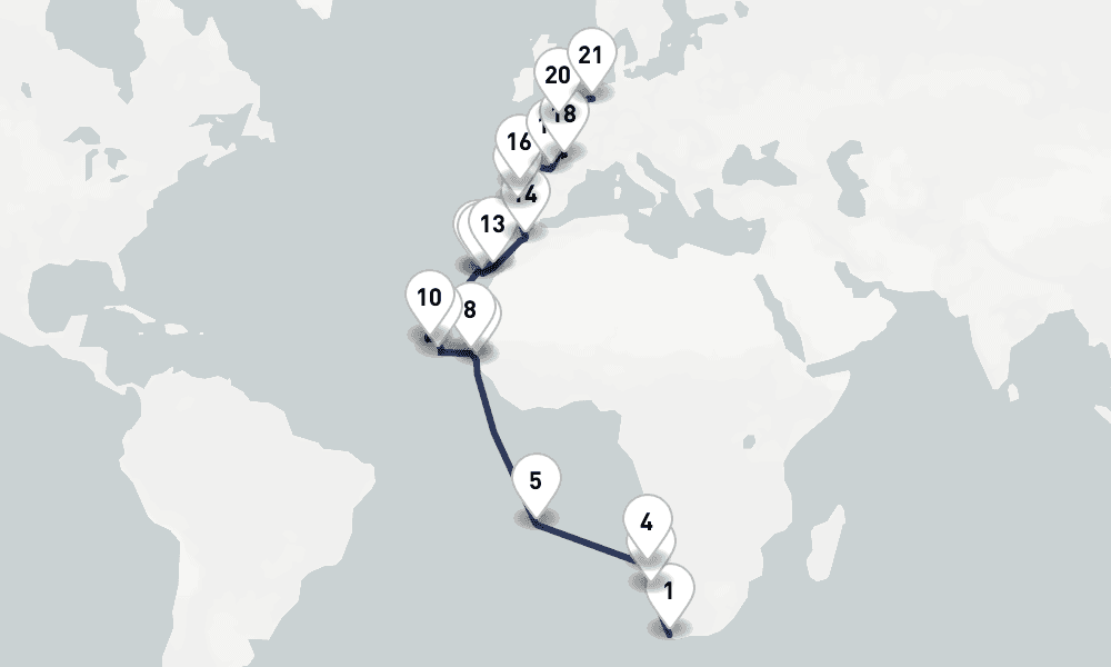 35 days, one-way from Cape Town to Rotterdam 36日間