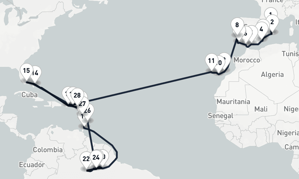 47 days, one-way from Barcelona to Miami 48日間