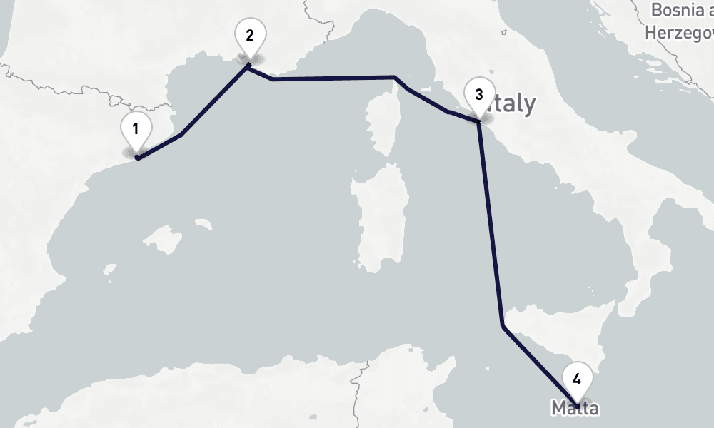 4 days, one-way from Barcelona to Valletta 5日間