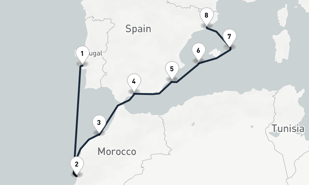 9 days, one-way from Lisbon to Barcelona 10日間
